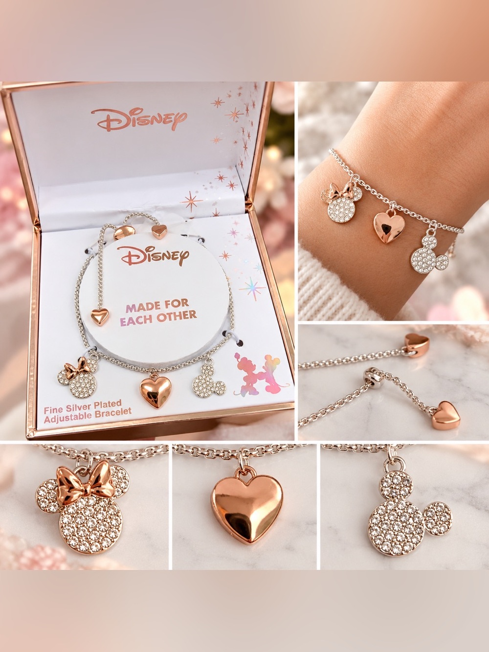 Disney Mickey & Minnie “Made for Each Other” Adjustable Charm Bracelet ✨💕